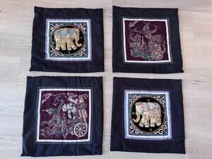 Set of 4 Vintage Ramakien Thai Black Silk Throw Pillow Cushion Covers Elephant
